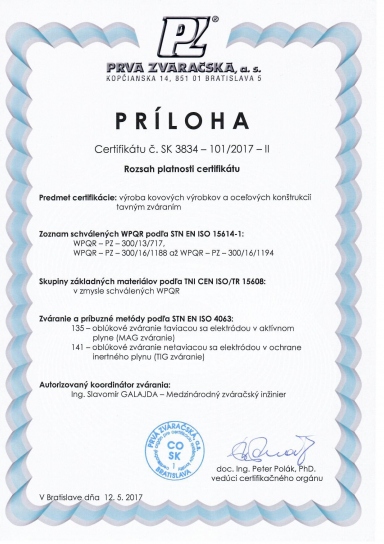 Lumasek, s.r.o. STN EN ISO 9001:2009 a STN EN ISO 3834 - 2:2006  Certificates