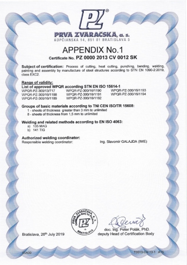 Lumasek, s.r.o. CE EN 1090 - appendix no.1 Certificates